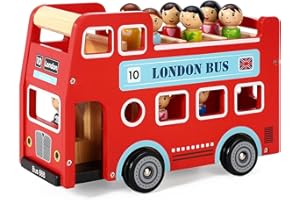 SOKA PLAY IMAGINE LEARN SOKA Wooden Original Double Decker Red Classic London Sightseeing Bus with Driver & Passenger Figurines Toy Playing Set Miniature Display Model Figures for Kids Children Girls Boys Ages 18 month +
