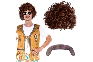 SKHAOVS Brown Perm Tash Fancy Dress Wig 70s 80s Heavy Metal Disco Wig Hippie Costume Set Short Curly Fluffy Cosplay Dude Wig Punk Metal Rocker Character Costume Wig with Fake Mustache (Brown)