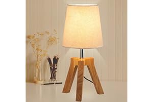 Dreamholder Wood Bedside Table Lamp, Tripod Desk Lamp with On-Off Switch, Nightstand Lamp with Fabric Shade for Reading, Bedroom, Living Room, Office, Natural Wood Base with Linen Shade
