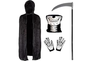 REDSTAR FANCY DRESS Disfraz de Muerte para Adulto - Disfraz de Esqueleto de 4 Piezas: Máscara y Guantes de Esqueleto, Capa Negra de Terciopelo y Guadaña para Disfraz de la Parca - Disfraz de Halloween para Hombre