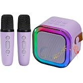 Mini Karaoke Machine with 2 Wireless Microphones, LED Lights, Voice Effects, Portable Speaker for Kids Age 3 4 5 6 7 8 9 10 1