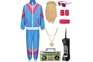 Velmawig 80er 90er Jahre Outfit Herren Damen Kostüm Jogginganzug Trainingsanzug Jacke und Hose Retro Anzug mit Accessoires Radio Sonnenbrille Halskette Schweißband für Karneval Fasching Mottoparty