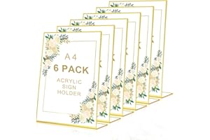 POERMA Espositore A4, 6 Pezzi Espositore con Ordi Dorati, Porta Cartelli in Acrilico A4, Porta Menu da Tavolo a Forma di L, Porta-avvisi da Tavolo A4