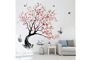 decalmile Adesivi Murali Albero Grande Adesivi da Parete Fiori Rossi Albero Cigno Decorazione Murale Soggiorno Camera da Letto Ufficio(H:140cm)
