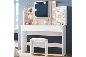 SONNI Großer Schminktisch mit Hocker, 108x40x140cm, 10 LED-Beleuchtung, Spiegel(3 Farben, 10 Helligkeit), Schubladen, 6 Fächer, Frisierkommode, Frisiertisch, Kosmetiktisch für Schlafzimmer, Weiß.