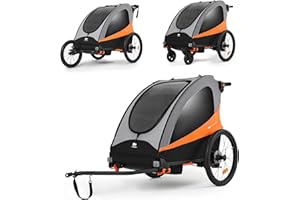 Kinderkraft NAVA 3in1, Kinderwagen, Laufwagen und Fahrradanhänger, für ein oder zwei Kinder (bis 44 kg), Sonnenschutz, zwei unabhängige Bremsen, Aluminiumrahmen, leicht zu falten,Orange
