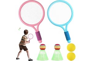 TZQFROCE 1 Paar Federball Set Kinder Tennisschläger Spielzeug Kinder Badminton Spielzeug mit 2 Soft Trainingsbälle und 2 Badminton Birdies für Kinder 3 4 5 6 Jahre Outdoor Sport