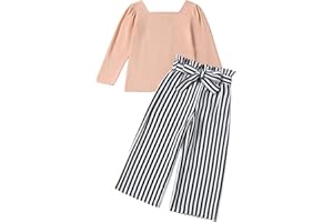 Refein Girls Clothes Set Kids Square Neck Puff Long Sleeve Top Striped Pants Girl Outfits 2-7 Years