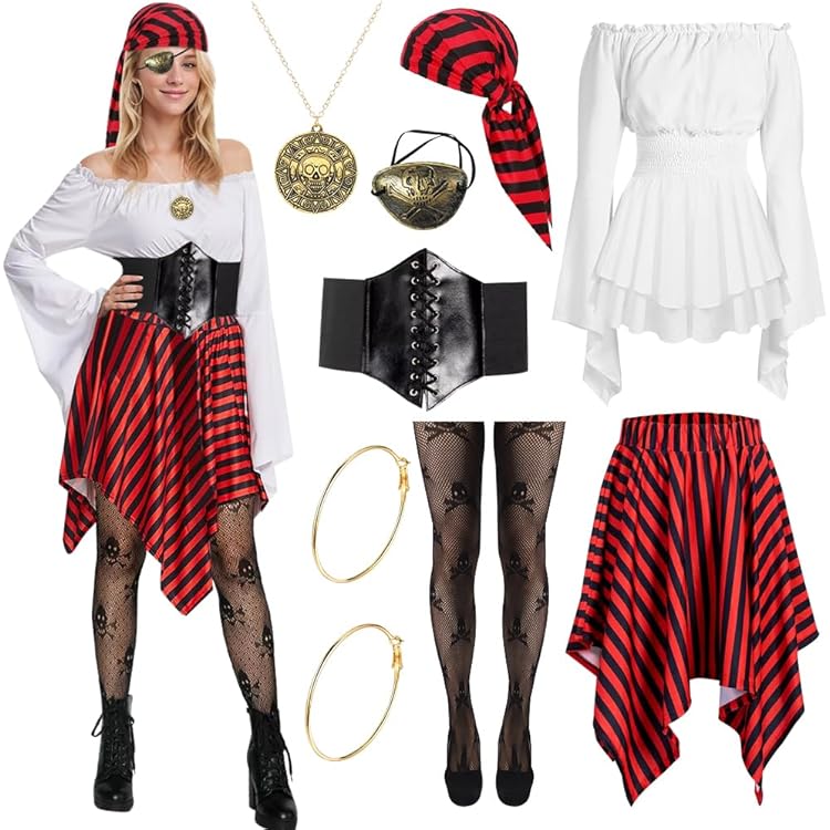 AYNKH Costumes De Pirate Pour Femmes, Accessoires De Pirate Femmes, Bandanas,Bijoux De Perruque,Chaînes De Ceinture,Boucles D'oreilles,Colliers, Halloween,Mardi Gras,Costumes De Jeu De Rôle Femmes