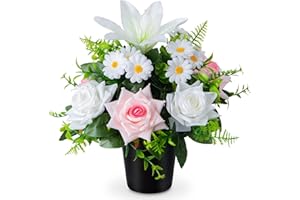 SIFOEL Fleurs funéraires artificielles en pots - Lys roses artificielles avec pot pour cimetière, funérailles, décoration extérieure (1, rose et blanc)