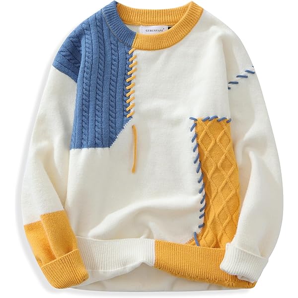 GMOYD Men's Colorblocked Crewneck Sweater - Baggy Knitted Pullover, Textured Casual Top