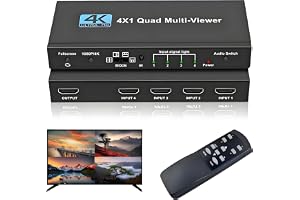 HDMI Multi-Viewer 4X1, Sömlös växlare 4 in 1 out, Quad Multi Viewer Switcher med IR-fjärrkontroll, stöder 4K@30Hz, 1080P@60Hz
