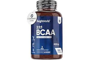 BCAA 2:1:1-180 Comprimés Vegan 2000mg (3 Mois) Acides Aminés: L-Leucine, L-Isoleucine, L-Valine +Vitamine B6 & B12– Post Workout+ Pre Workout Sans Cafeine Pour Athlete, Sportif- Musculation, Energie