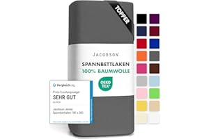 ‎JACOBSON Jacobson Jersey Spannbettlaken Spannbetttuch Baumwolle Bettlaken (Topper 180-200x200 cm, Anthrazit)