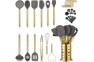 Juego de Utensilios de Cocina Dorados, Kyraton 38 Utensilios de Cocina de Silicona Antiadherente, Juego de Cucharas y Espátulas con Robusto Porta Utensilios de Acero Inoxidable, Apto para Lavavajillas