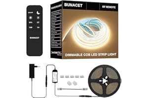 ‎BUNACET BUNACET COB LED Strip Streifen 6M 24V Dimmbar Warmweiß 3000K, LED Leiste Band Stripes Lichtband 2880 LEDs mit Netzteil & RF Fernbedienung für Küche, Schlafzimmer, Wohnzimmer, Schrank, Spiegel, Innen