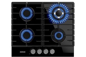 Cecotec Placa de Gas Butano y Natural 4 Fuegos Bolero Squad G 4200F Glass Black. 8000W, Cristal Negro, Parrillas Completas Hierro Fundido, WOK Triple Corona, Encendido Eléctrico, Sistema Seguridad