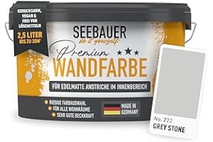 SEEBAUER diy Wandfarbe Grau 2,5L für Innen (No. 222 Grey Stone) Edelmatte hellgraue Innenfarbe - Grautöne sehr hohe Deckkraft - Matt, Abwaschbar und Tropffrei