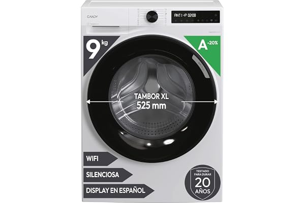 Candy ProWash 500 BR 49SBL8-S, Lavadora 9 KG, 1400 RPM, Display Digital, Conectividad WIFI, 16 Ciclos, Motor Inverter, Inicio Diferido 24H, Bloqueo Infantil, Tambor 52,5cm, 72 DB, Blanco