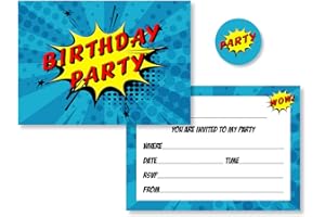 PARTIKRAFT 12 x Comic Superhero Style Birthday Party Invitations with Yellow Envelopes & Stickers
