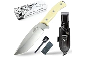 JEO-TEC Nº9 Cuchillo supervivencia caza monte bushcraft camping outdoor campo - Funda de piel con pedernal y piedra afilar incluidos - Acero MOVA-58 - Fabricado en España