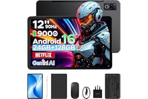 DOOGEE U12 Android 16 tablet, 12 inch FHD+(2000x1200) 90Hz Large Screen, 24GB+128GB/2TB, Gemini AI Octa Core Gaming Tablets, 9000mAh/18W, Widevine L1, 2.4G/5G WiFi, Tablet with Pen,Keyboard,Mouse&Case