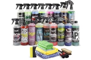 FULLCARX Super Kit Detailing Limpieza Coche Exterior Interior con Accesorios, 17 Productos Profesionales Limpia Llantas Champú Cera, Renovador Plásticos Salpicaderos, Insectos Motor APC, Pack Completo