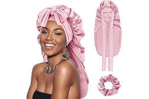 DRESHOW Gorro Saten Pelo Rizado Ajustable para Mujere Bonnet Seda para Dormir Gorro Seda Largo para Sueño con Banda Elástica para Mujeres