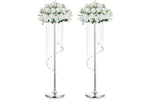 Nuptio Centrotavola Matrimonio Vasi D'argento: 2 Pezzi 90cm Altezza Vaso Fiori Cristallo Fiori Metallo Stand per Decorazioni Tavoli Festa Eleganti per Matrimoni Sfusi Centrotavola Lampadari Tavolo