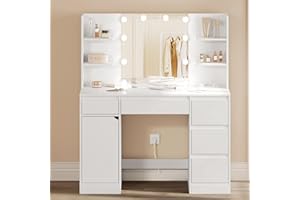 WOLTU Toaletka z lustrem LED, listwa, regulowane oświetlenie, duża toaletka z 5 szufladami, otwarte półki, szafka, drewniany stół do makijażu do sypialni, biały, MB6117ws