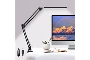 GLOBAL GOLDEN LED Desk Lamp with Clamp, Desk Light Metal Swing Arm Desk Lamp Eye-Care Dimmable USB Table Lamp for Study, Office, Working, Drawing, 3 Lighting Modes,10 Adjustable Brightness