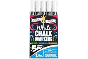 Chalky Crown - Rotuladores Cristal Borrable Tiza Líquida Blancos, Punta Reversible 6 mm Gruesa/Biselada - Rotulador Cristal Borrable Pizarras, Ventanas, Vidrio (Pack de 5) + 24 Etiquetas de Pizarra