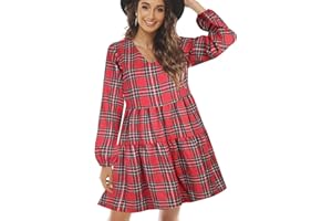 FANCYINN Vestido a Cuadros para Mujer con Manga Larga con Campana Mini Vestido con Volantes y Bolsillos