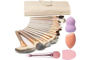 Makeup Brush Sets, NEVSETPO 28PCS Synthetic Makeup Kits Include 24 Makeup Brushes,2 Beauty Blenders, 1 Dual End Masks Spatula, 1 Brush Set Cleaning Mat, Travel-Friendly Makeup Case, Champagne