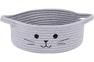TIMEYARD Small Woven Rope Storage Basket, Cute Cat Basket for Living Room, Gift Basket Empty for Decor, Basket for Shelves, Grey, 25 x 10 cm