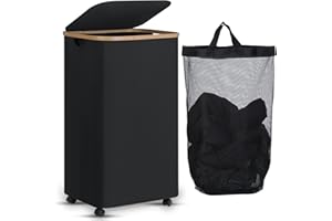 efluky Laundry Basket with Lid, 100L Laundry Hamper with Bamboo Handles and Removable Bag, Collapsible Laundry Basket on Wheels for Bedroom, Bathroom, Laundry Room