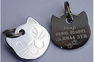 Paradise Pets Personalised Solid Chrome, Durable Cat Head Pet ID Tag Disc (ENGRAVED FREE WITH PAW PRINTS & YOUR DETAILS ON REVERSE) …
