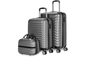 NEWTECK Lot de Valises de Voyage Rigides Gris, Moyenne (53/63cm) et Trousse de Toilette. 4 Roues, ABS, Robustes, Durables et Légères. Serrure à Combinaison