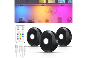 WILLED RGB Puck Lights,Rechargeable Under Cabinet Kitchen Lights with Remote Control, Wireless Under Counter Light with Timer Function,Dimmable LED Touch Light for Kitchen,Cabinet,Closet,3 Pack