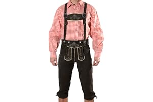 SYMPHONIE WESTERWALD Culotte de cuir bavaroise pour hommes, traditionnelle avec bretelles, originale en marron foncé/marron/noir, pour Fête de la Bière, taille 44-60