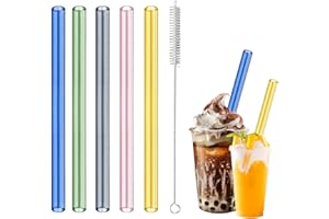 HXC Kolorowe słomki Bubble Tea – 5 sztuk, ekstra grube szklane słomki 12 mm, wielokrotnego użytku, słomki Boba Tea ze szczotkami do czyszczenia smoothie i soków, 21,5 cm