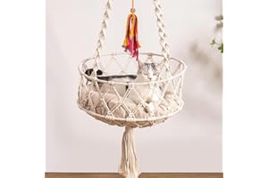 MEWOOFUN Balançoire en macramé tissé à la main pour chat d'intérieur avec jouet pour chat – Lit décoratif à suspendre avec tapis doux pour dormir, jouer et se détendre