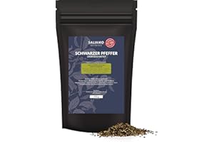 ‎SALIAMO 250g Schwarzer Pfeffer grob geschrotet; Pfeffer für Steakpfeffer, gegrilltes Gemüse, Marinaden; Pfeffer gehackt ohne Zusätze, Allround-Gewürz, Gewürz Grundausstattung; im praktischen Doypack | Saliamo