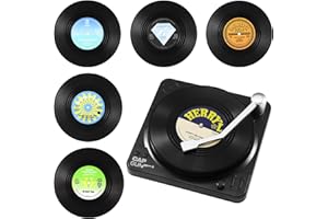 ARKIFACE Coolty 6 Stück Vinyl Schallplatten Untersetzer, Rutschfeste Tasse Matte, Isolierte Kaffee Getränke Untersetzer mit Halter für Tassen Tisch Bar Glas Gläser mit Halter