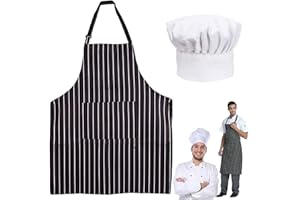 ZQUINTUPLIAN Apron and Chef Hat Set, Adjustable Chefs Apron Chef Outfit Adult, Kitchen Apron with Pockets Black and White Striped, Chefs Hat Chef Aprons for Unisex Suitable for Home Kitchen, Gardening, Cafes House