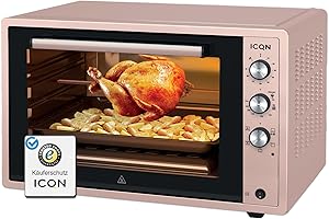 ICQN Horno de Pizza 60XXL, 1800W con luz interior y convección, Puerta Doble Cristal, Reloj Temporizador, Interior Esmaltado, Rosado