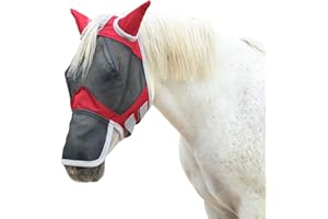 Leberna Fine Mesh Horse Fly Mask Large Eye Space Long Nose with Ears UV Protection for Horse (Red, Pony)