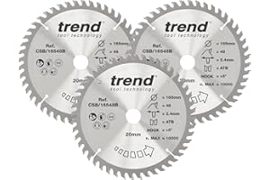 Trend Wood Circular Saw Blades, 165mm Diameter, 20mm Bore, 48 Teeth, 2.2mm Kerf, +15° Hook, TCT, Fine Finish, 3 Pack, CSB/165/3PK/A
