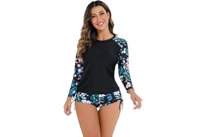 ODIZLI Women Long Sleeve Floral Top + Shorts Two Piece Tankini Ladies Swimsuit Rash Guard Swimwear Surfing Bathing Suit Wetsuit