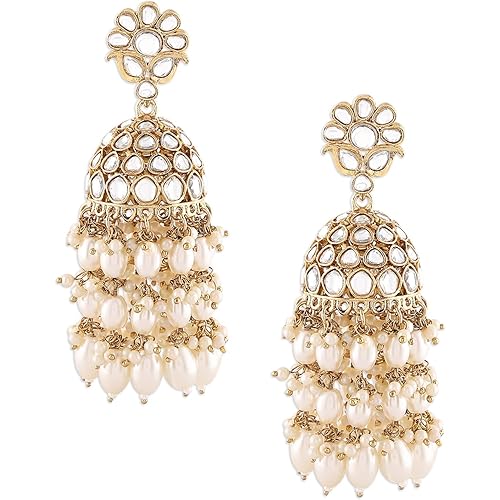 Zaveri Pearls Gold Tone Kundan & Cluster Pearl Drop Traditional Jhumka Earring For Women-ZPFK16735